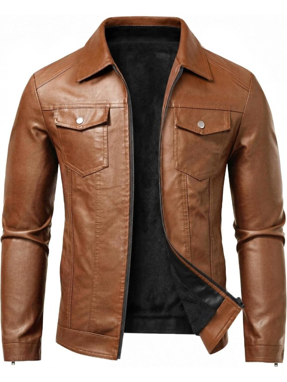 Men Light Brown Faux Leather Two Side Hand Pockets Motorcycle Biker Jacket
